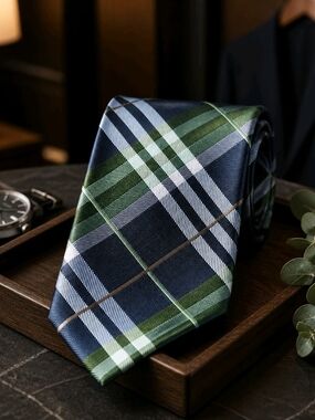 Geoffrey Beene Navy, Green & White Plaid Silk Extra Long Tie (1064)